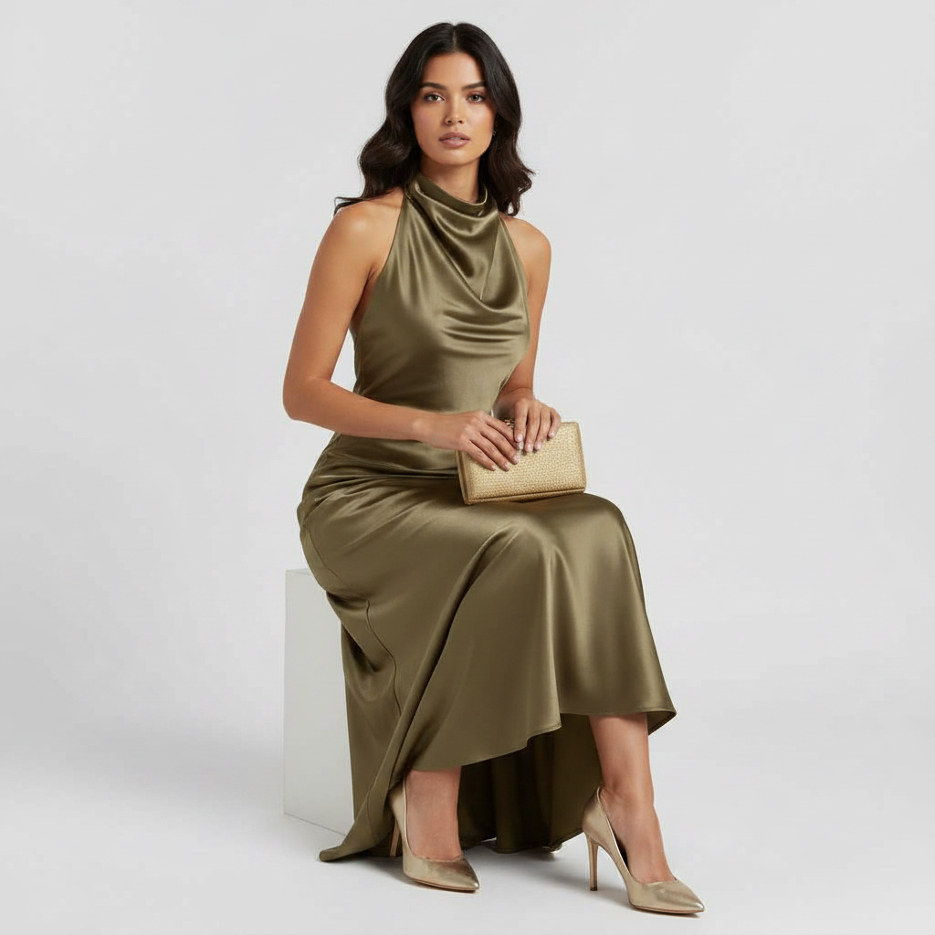 Halter Evening Dress | Formal Wedding Guest Midi Gown