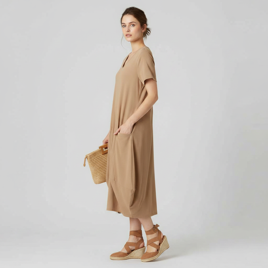 Summer Midi Dress | Loose Fitting Crew Neck for Women