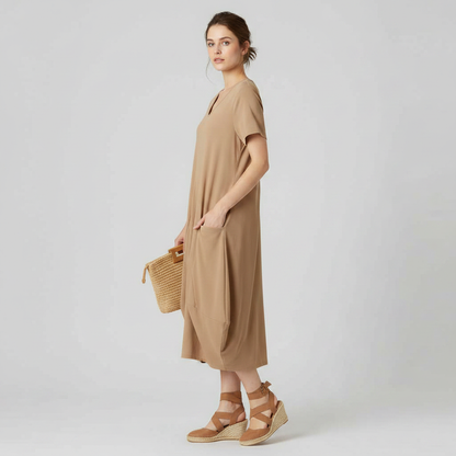 Summer Midi Dress | Loose Fitting Crew Neck for Women
